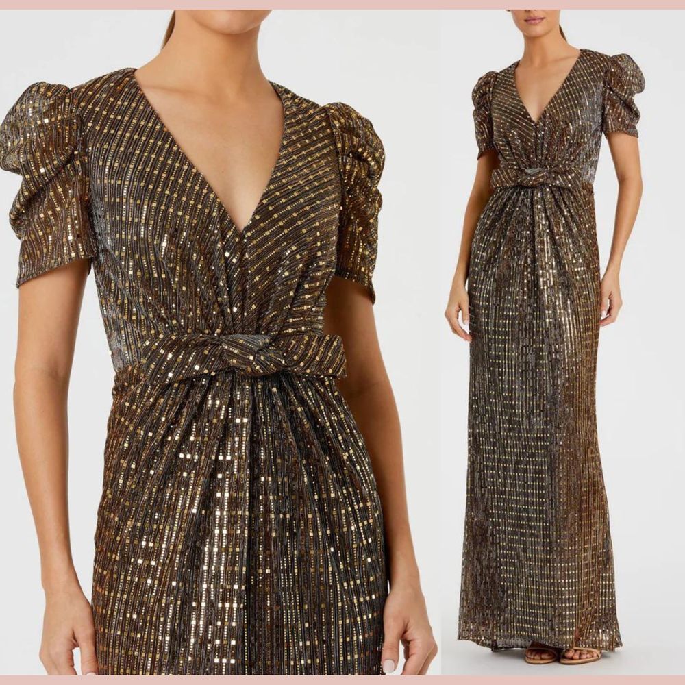 NWT IEENA Mac Duggal [‎ 8 ] 26661 Bow Waist Cap Sleeve Metallic Gown Bronze